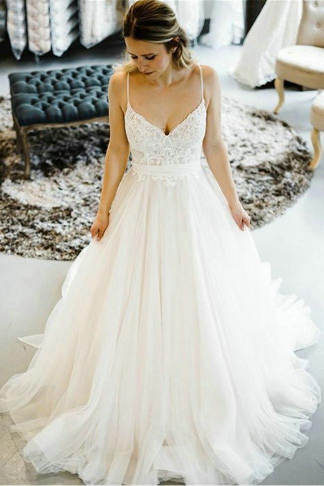 lovely a-line straps wedding dresses backless tulle bridal gown dtw273