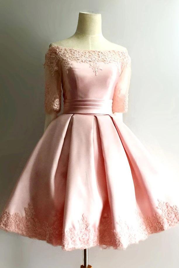 1/2 sleeve off shoulder short prom dress pink short homecoming dresses dth354