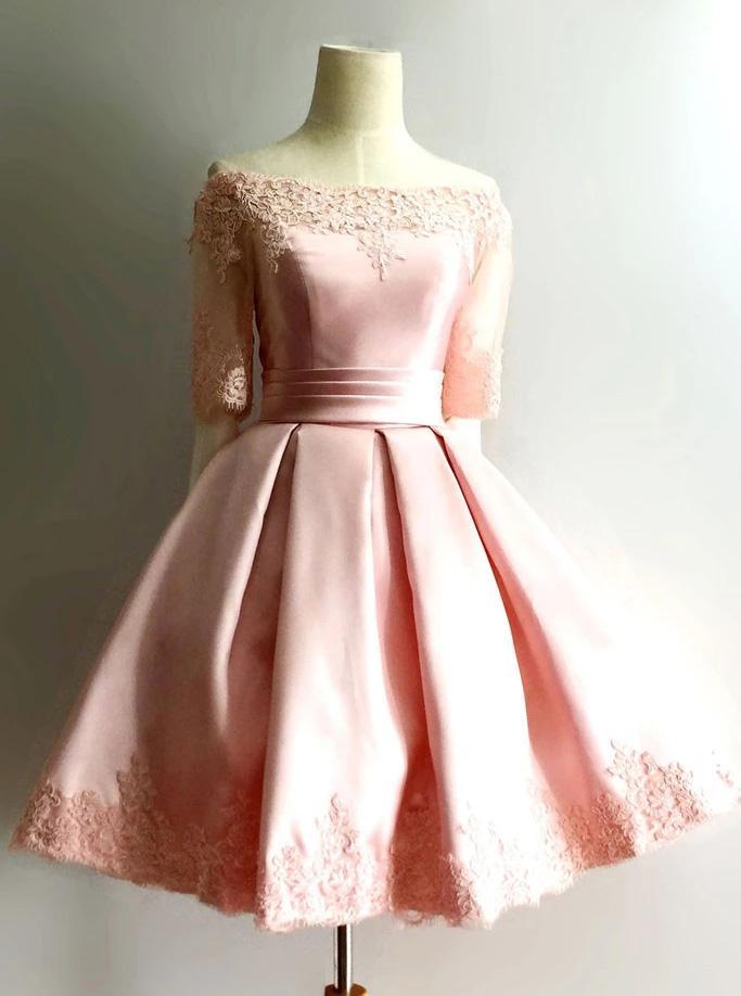 Pink Short Homecoming Dresses 1/2 Sleeve Off Shoulder Short Prom Dress