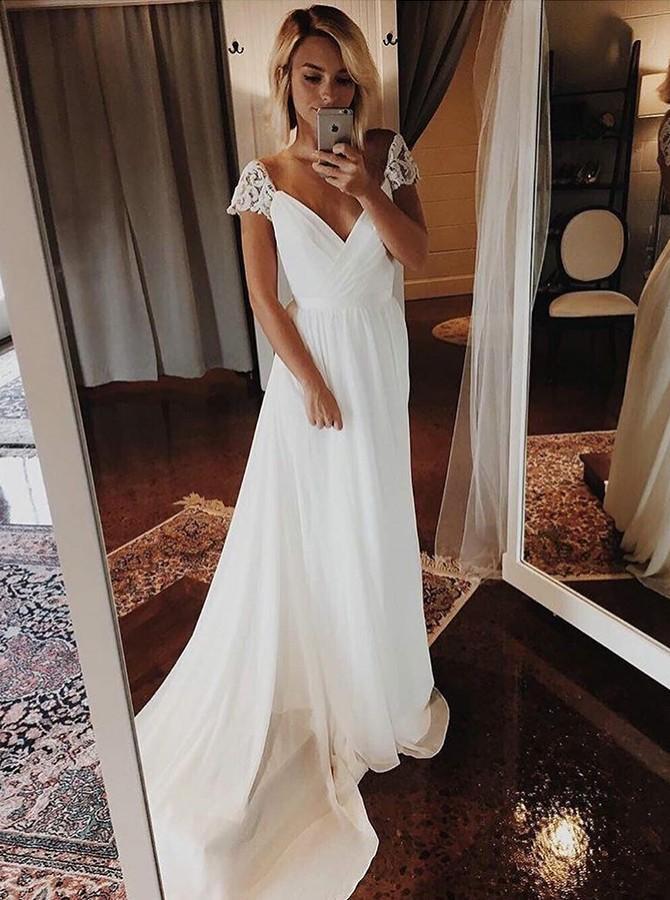 Simple Chiffon Wedding Dresses Bohemian Beach Bridal Gowns With Sleeves