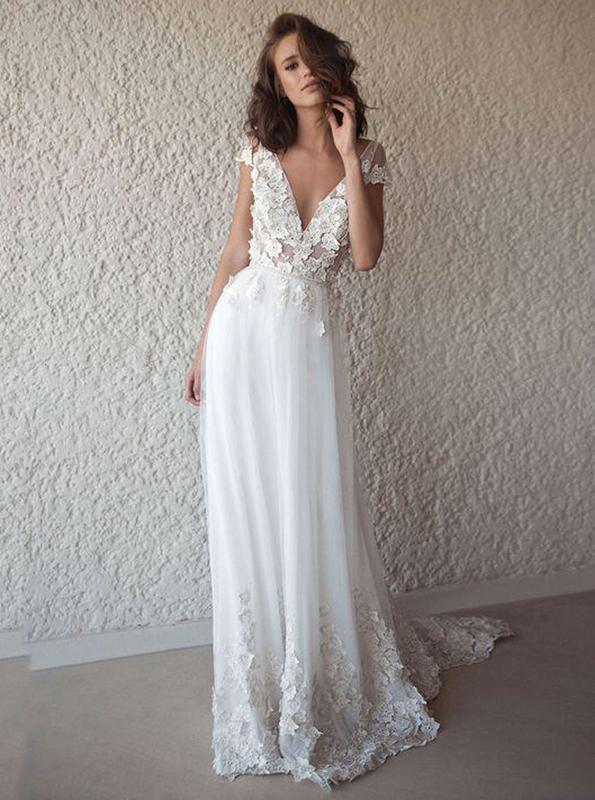 A-line V-neck Cap Sleeves Chiffon Beach Wedding Dresses With Appliques