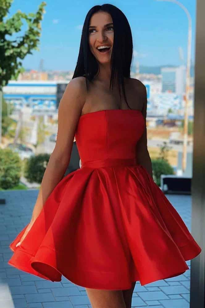 simple red satin strapless short homecoming dresses party dresses dth350