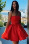 Simple Red Satin Strapless Short Homecoming Dresses Party Dresses