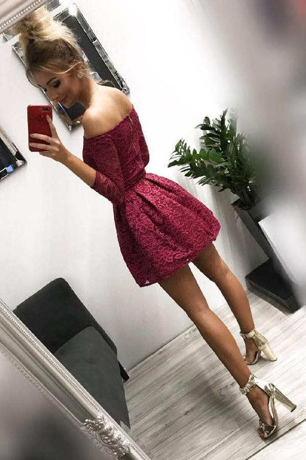 Off-the-Shoulder Long Sleeves Burgundy Lace Homecoming Dress