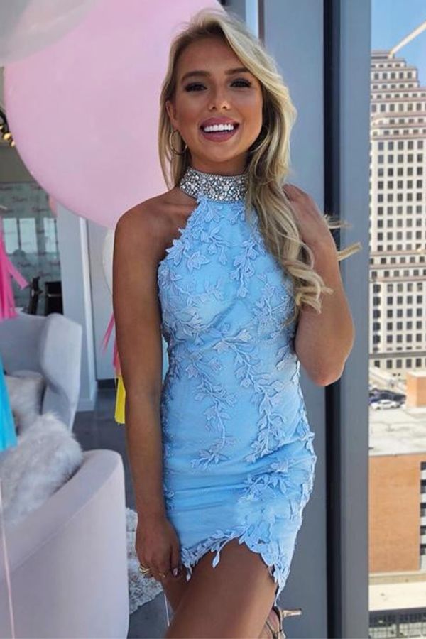 Beaded Halter Lace Sky Blue Homecoming Dresses, Tight Short Prom Dresses