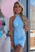 Beaded Halter Lace Sky Blue Homecoming Dresses, Tight Short Prom Dresses