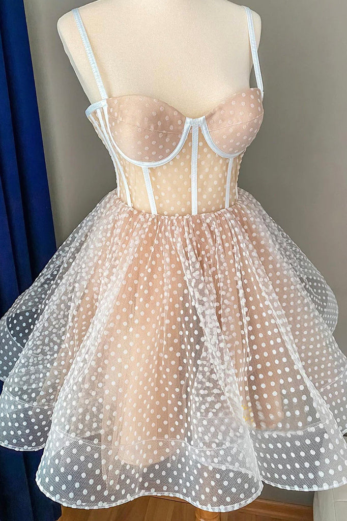 Cute Polka Dots Tulle Homecoming Dresses Spaghetti Straps Short Party Dress