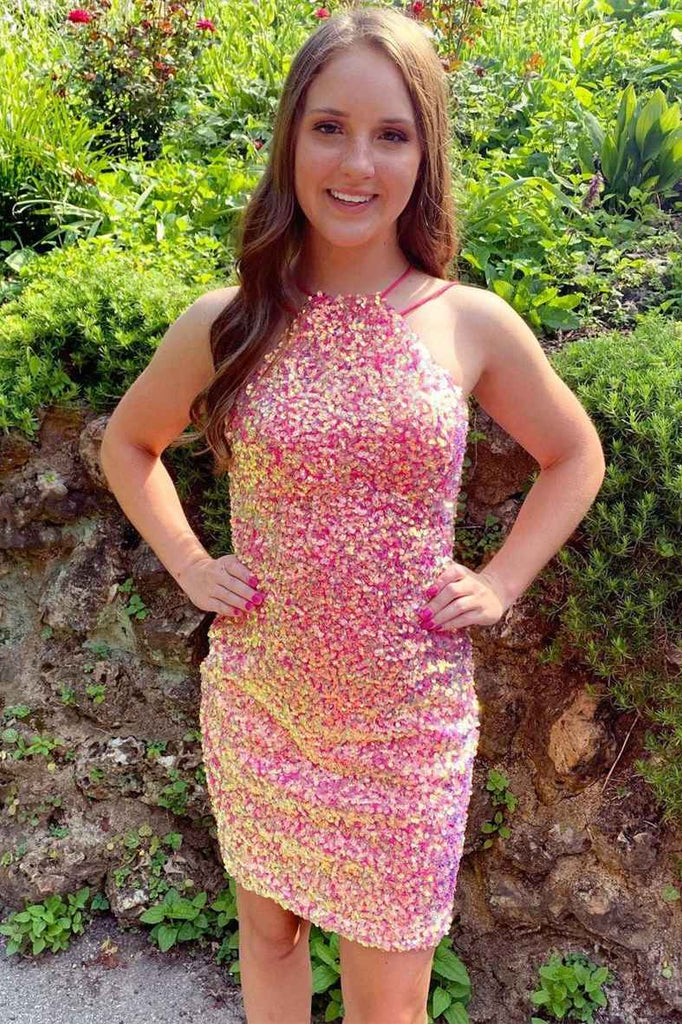 Sequins Tight Pink Homecoming Dress Sleeveless Sexy Short Party Dress