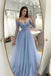 Tulle Light Blue A Line V Neck Long Prom Formal Dress With Pleats