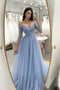 Tulle Light Blue A Line V Neck Long Prom Formal Dress With Pleats