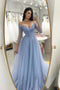 Tulle Light Blue A Line V Neck Long Prom Formal Dress With Pleats
