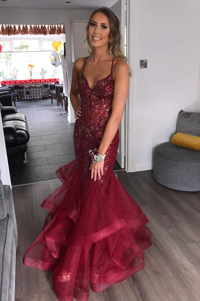 Mermaid Tulle Burgundy V Neck Backless Long Prom Dresses With Ruffles