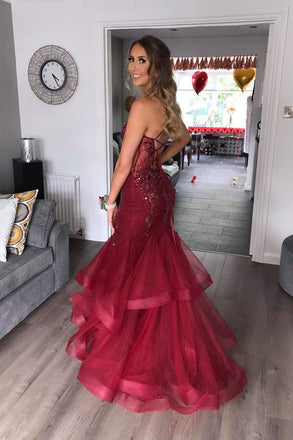 Mermaid Tulle Burgundy V Neck Backless Long Prom Dresses With Ruffles