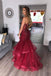 Mermaid Tulle Burgundy V Neck Backless Long Prom Dresses With Ruffles
