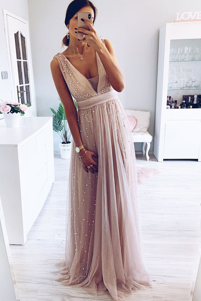 A-Line V Neck Simple Sleeveless Beading Long Prom Dresses, Tulle Formal Evening Gown