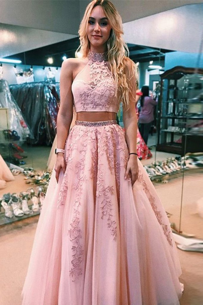 halter two piece pink tulle prom dress with beaded appliques dtp534