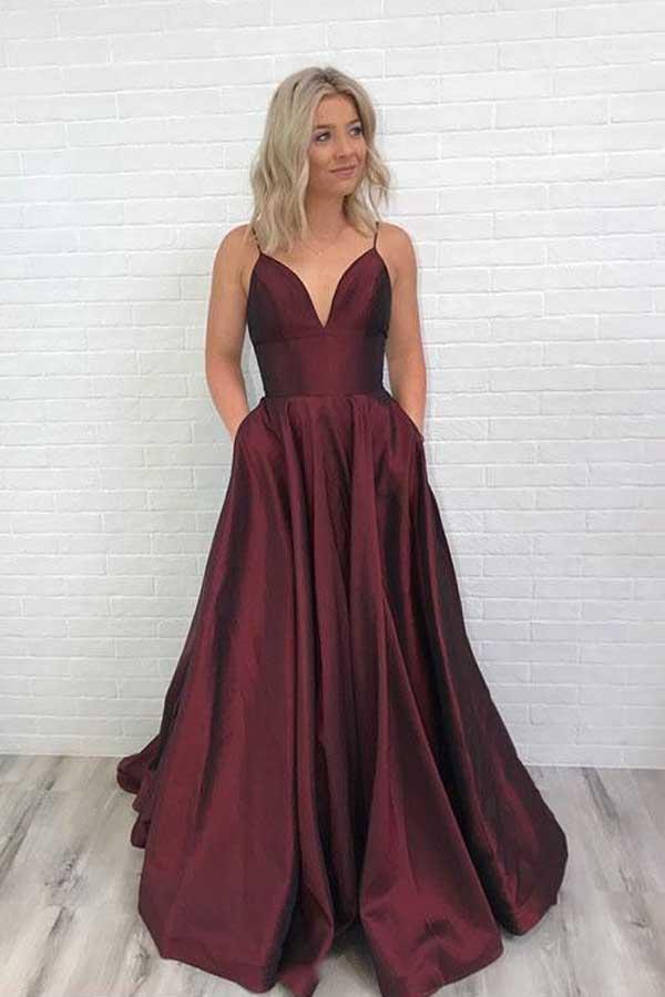 satin simple prom dress burgundy v neck evening dress with pockets dtp47