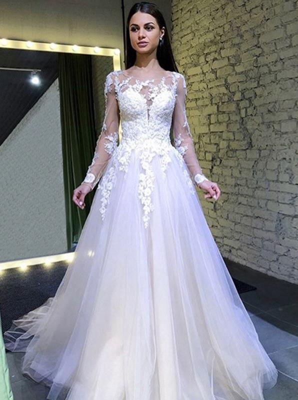 A Line Long Sleeves Round Neck Tulle Wedding Dresses With Lace Appliques
