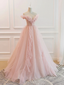 Off the Shoulder Pink Tulle Prom Dress With Ruffles, A-Line Pink Evening Dress