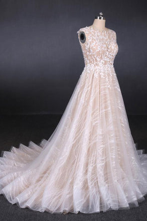 sparkly lace appliqued wedding dress v-back long bridal dresses dtw305