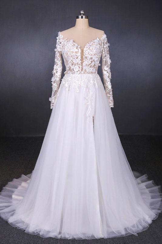 A-line V-neck Long Sleeve Wedding Dress With Lace Appliqued