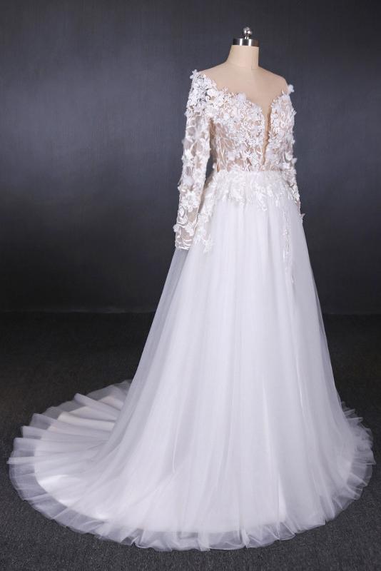 a-line v-neck long sleeve wedding dress with lace appliqued dtw306
