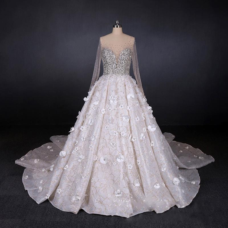 Gorgeous Long Sleeves Flowers Ball Gown Wedding Dress With Sequin Beaded