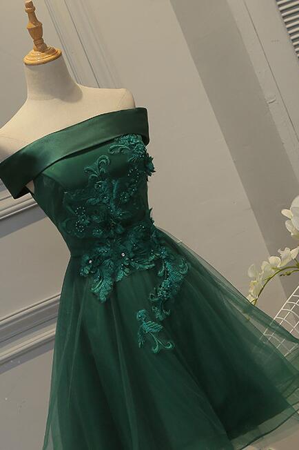 tulle homecoming dress off shoulder dark green short party dress dth74