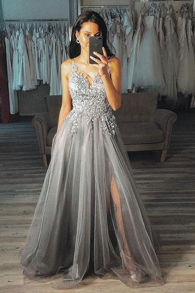 A Line V Neck Appliques Tulle Grey Long Prom Dress With Split DTP805 DressTok
