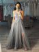 A Line V Neck Appliques Tulle Grey Long Prom Dress With Split