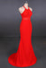 Halter Red Prom Dresses Mermaid Long Evening Dress With Cut Out Back