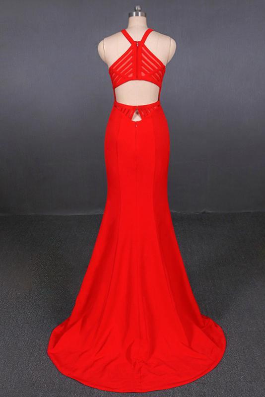 Halter Red Prom Dresses Mermaid Long Evening Dress With Cut Out Back