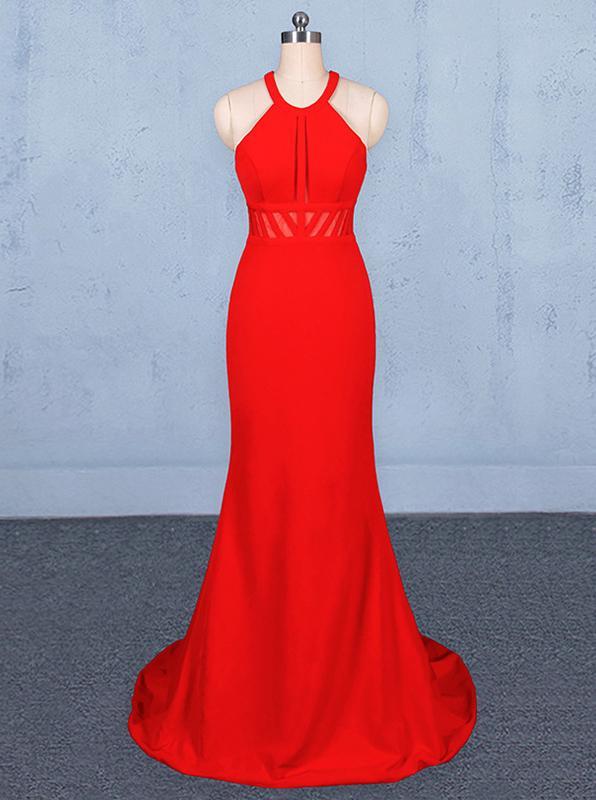 Halter Red Prom Dresses Mermaid Long Evening Dress With Cut Out Back