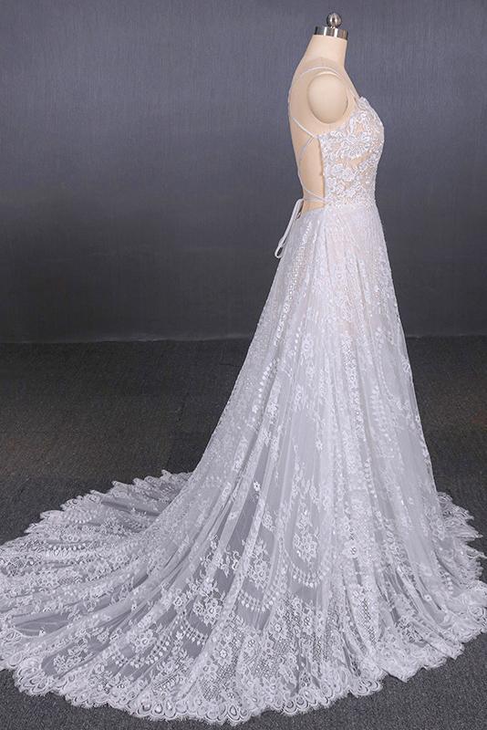 Spaghetti Straps Lace Wedding Dresses Backless Beach Bridal Dresses