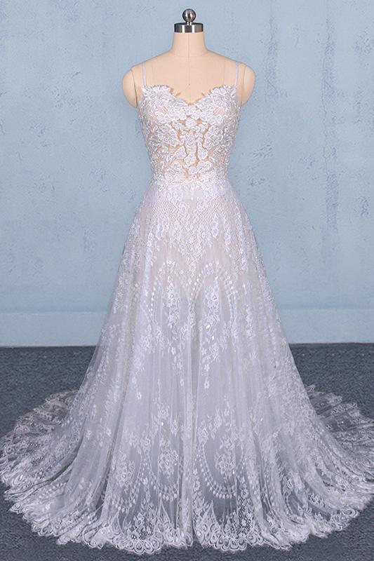 spaghetti straps lace wedding dresses backless beach bridal dresses dtw289