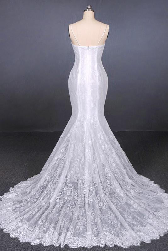 White Mermaid Lace Spaghetti Wedding Dresses With Appliques