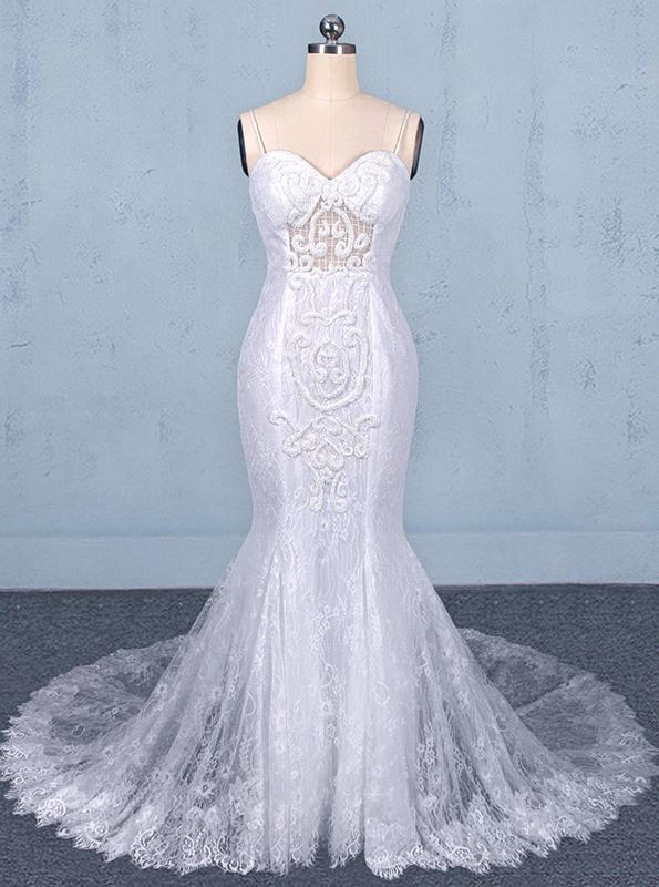 White Mermaid Lace Spaghetti Wedding Dresses With Appliques