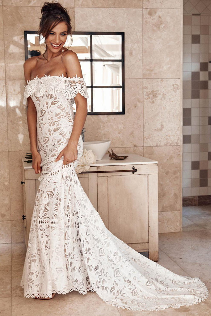elegant ivory off shoulder mermaid beach lace wedding dress dtw281