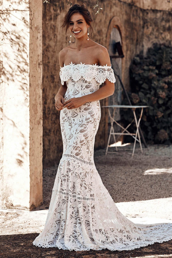 Elegant Ivory Off Shoulder Mermaid Beach Lace Wedding Dress