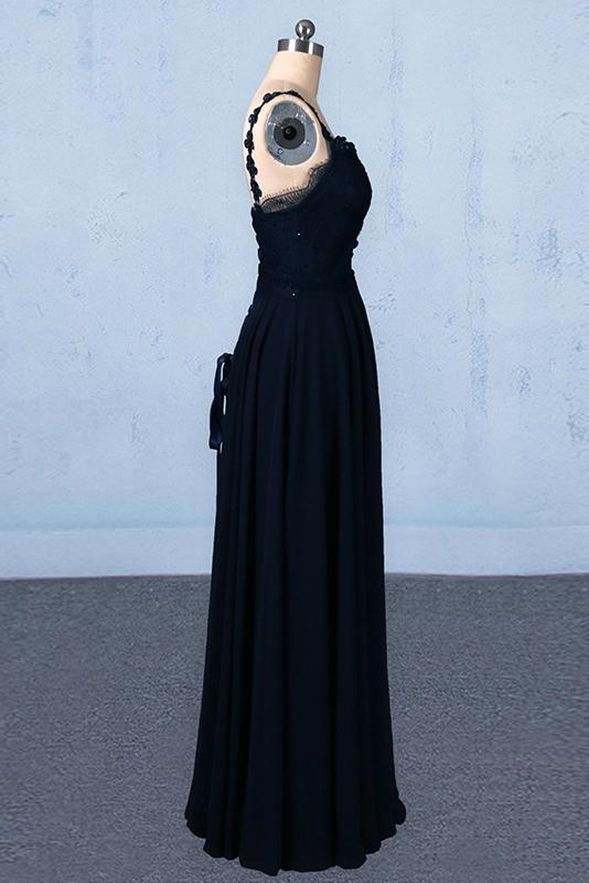 New Flower Straps V-neck Navy Blue Long Prom Evening Dresses