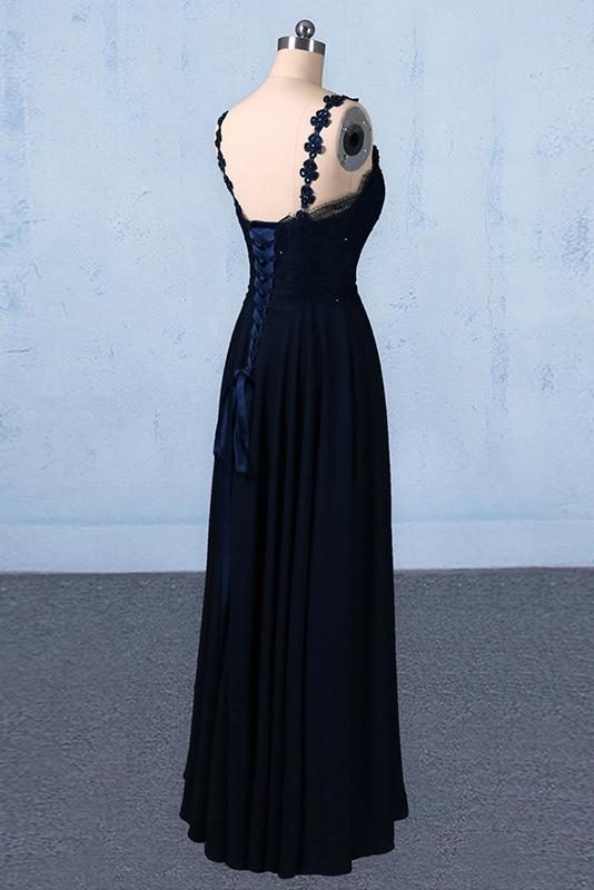 New Flower Straps V-neck Navy Blue Long Prom Evening Dresses