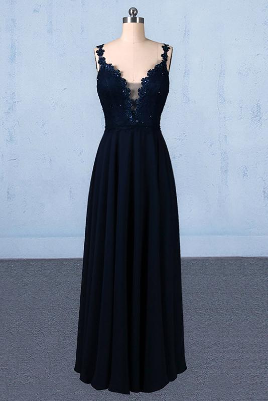 new flower straps v-neck navy blue long prom evening dresses dtp817
