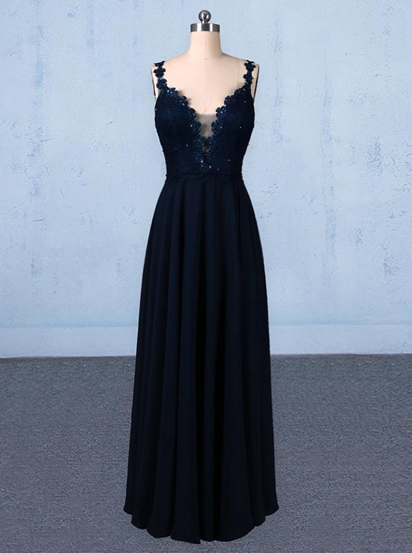 New Flower Straps V-neck Navy Blue Long Prom Evening Dresses