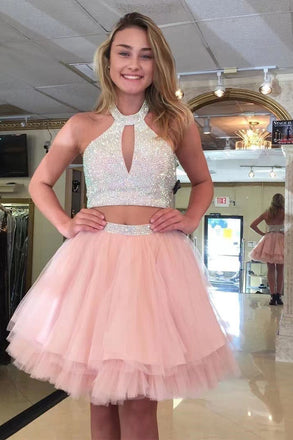 Halter Two Piece Pink Skirt Short Homecoming Dresses With Beading