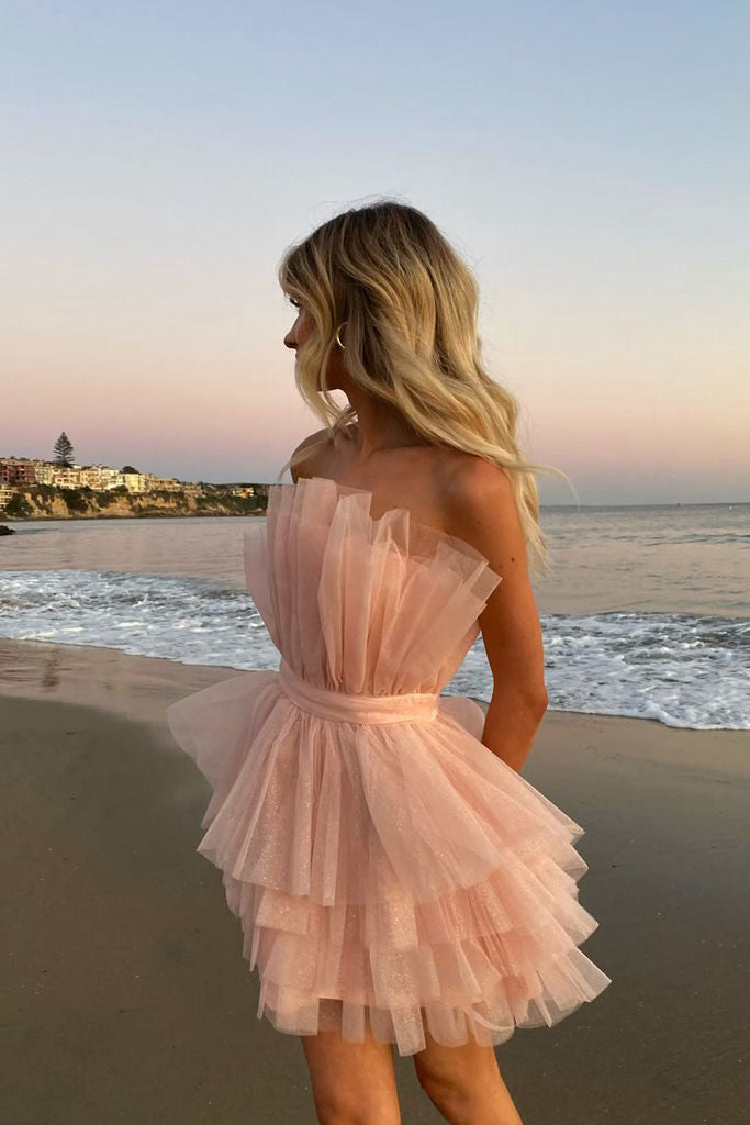 Sparkly Pink Strapless Tiered Tulle Homecoming Dress, A-line Short Party Dress
