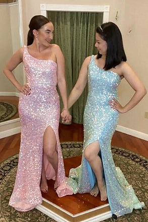 Pink Sequin Backless One Shoulder High Slit Prom Dresses, Sparkly Long Mermaid Dresses