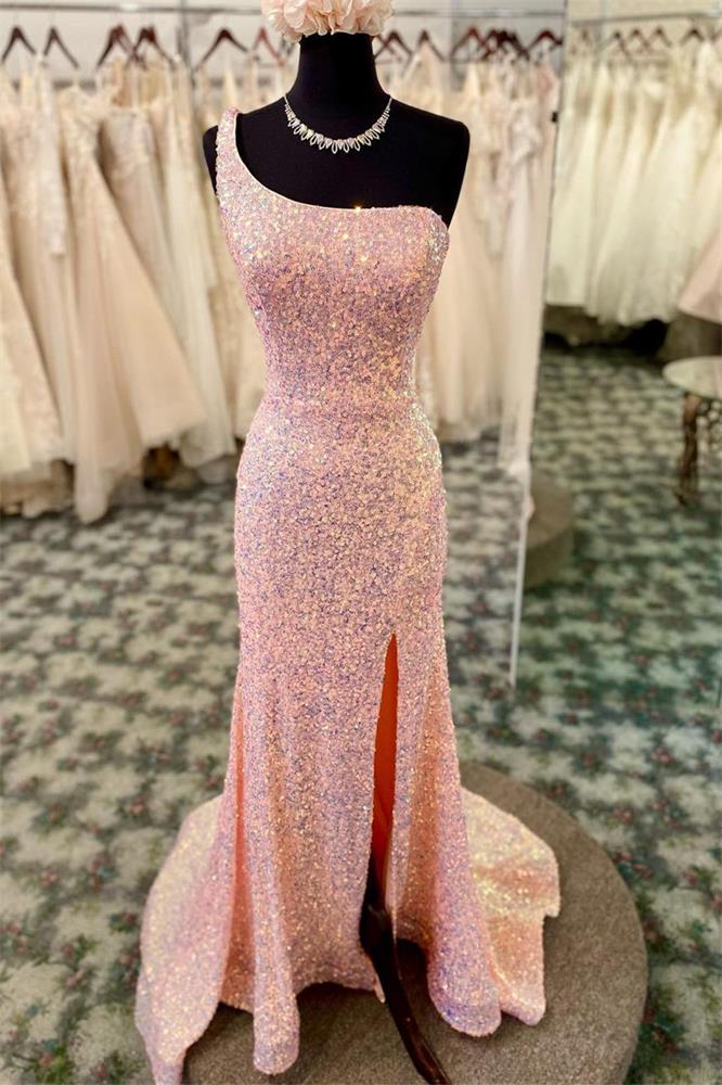 Pink Sequin Backless One Shoulder High Slit Prom Dresses, Sparkly Long DressTok.co.uk Pink Sequin Backless One Shoulder High Slit Prom Dresses, Sparkly Long DressTok.co.uk