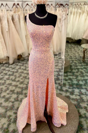 Pink Sequin Backless One Shoulder High Slit Prom Dresses, Long Mermaid Dresses