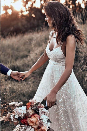 Stunning Straps Rustic Backless Wedding Dress A-line Lace Bridal Gown