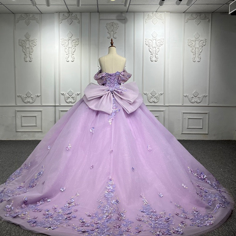 Lavender 3D Flowers Lace Short Sleeves Prom Dress Quinceanera Evening Ball Gown